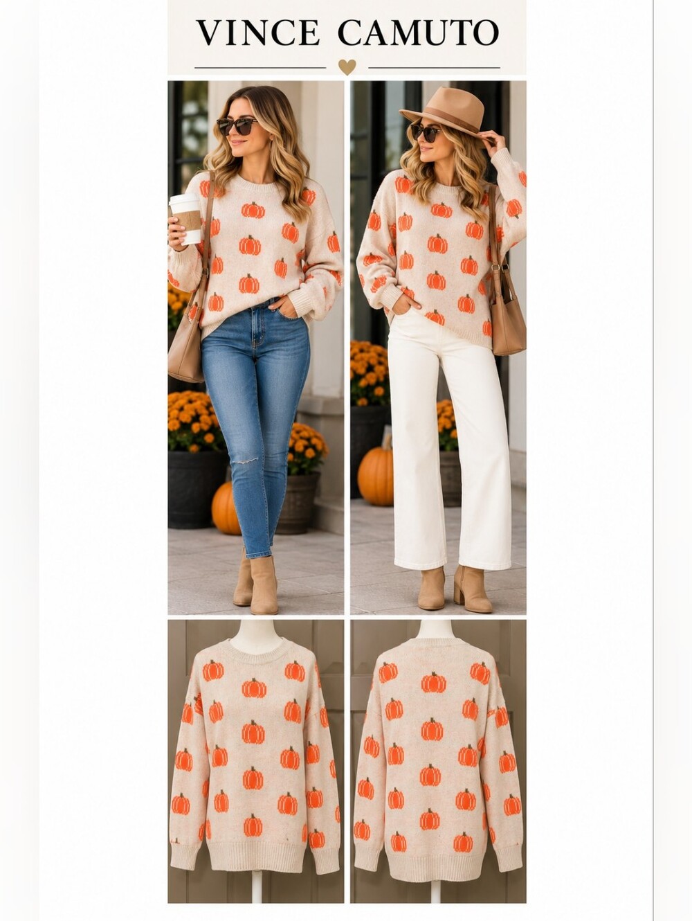 Vince Camuto Pumpkin Sweater XL Cream Orange Fall Halloween Knit SC1185